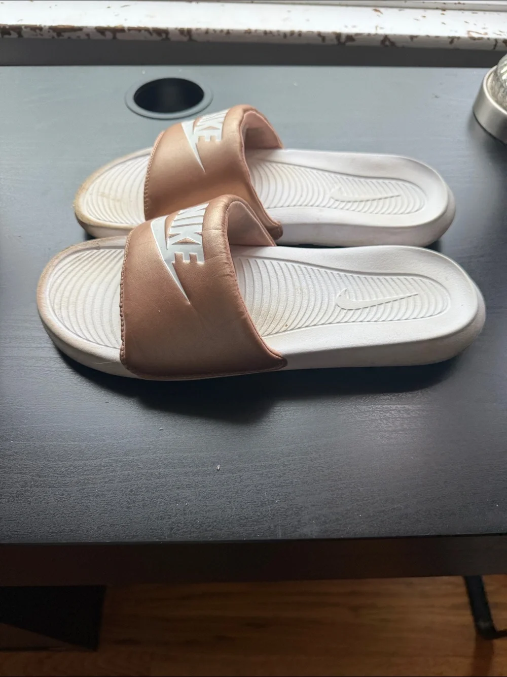 Nike Slides in Metallic Rose Gold and White